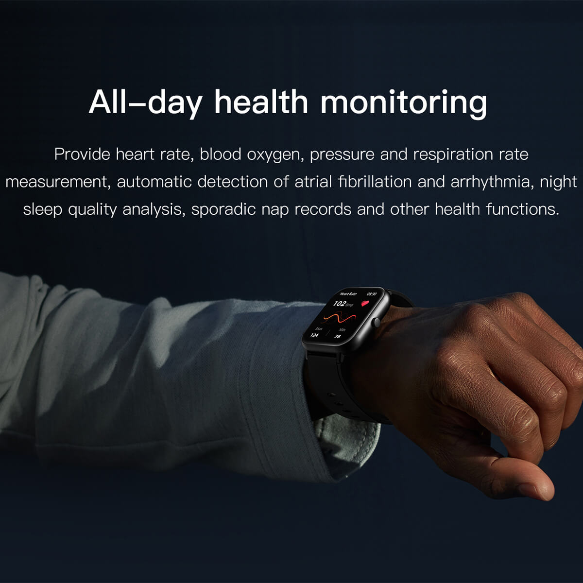 Montre connectée au poignet, affichant le suivi de la santé avec fréquence cardiaque, oxygène sanguin, pression et analyse du sommeil.