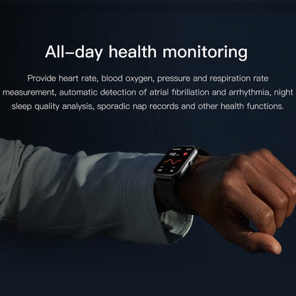Montre connectée au poignet, affichant le suivi de la santé avec fréquence cardiaque, oxygène sanguin, pression et analyse du sommeil.