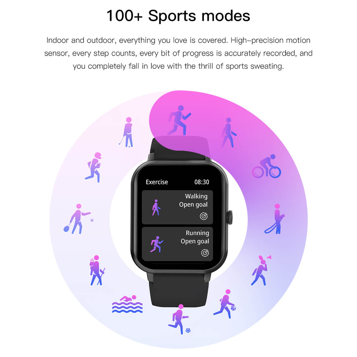 Montre connectée avec écran affichant modes sportifs, marche et course. Plus de 100 modes disponibles. Design moderne, capteur de mouvement précis.