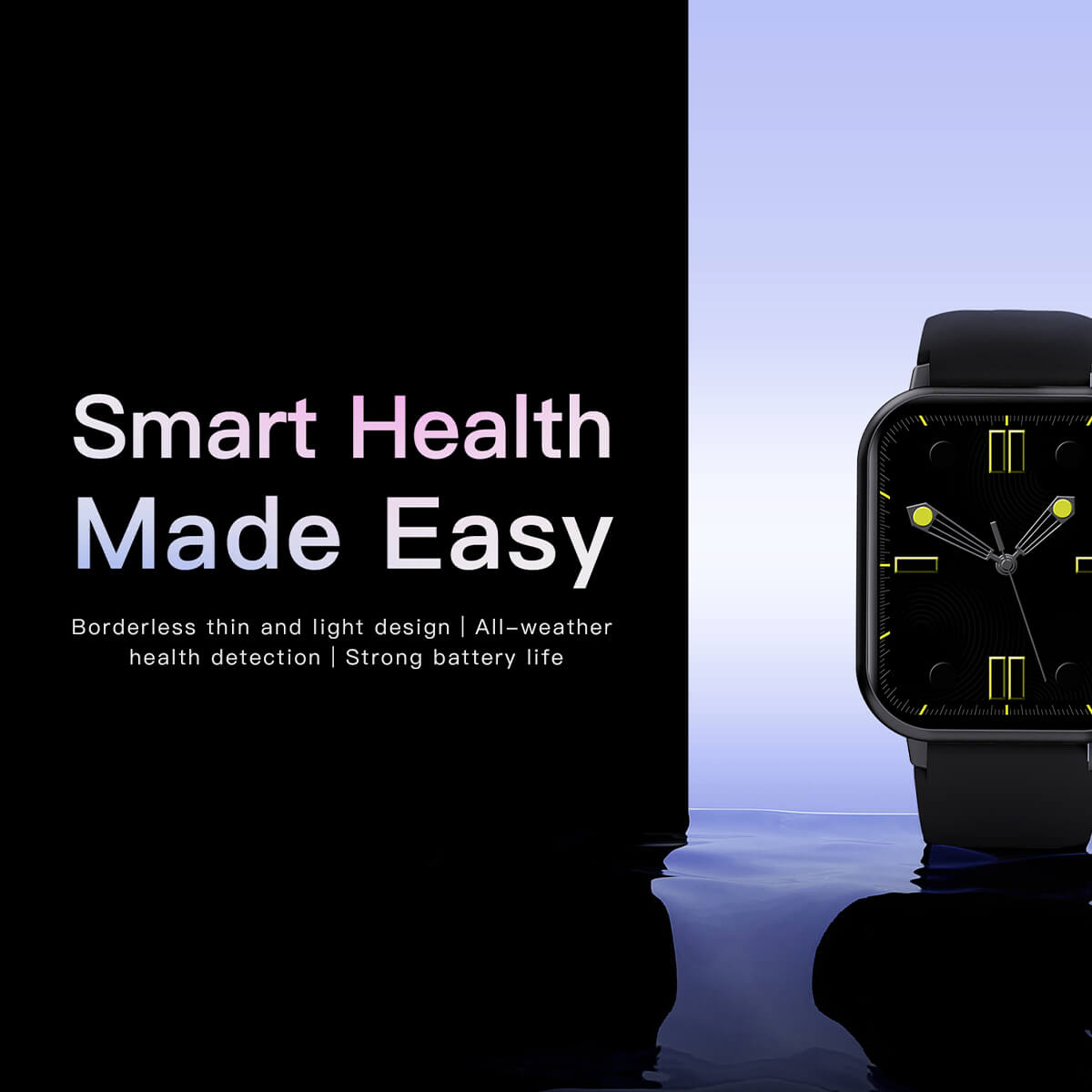 Montre connectée noire avec écran carré, design fin et léger, détection santé toutes conditions, longue autonomie.