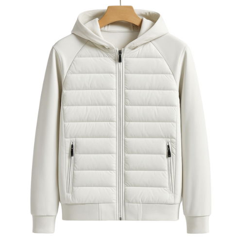 Hvid hættetrøje med lynlås og quiltet design, to lynlåslommer, moderne stil, unisex, perfekt til forår og efterår, komfortabel og stilfuld.