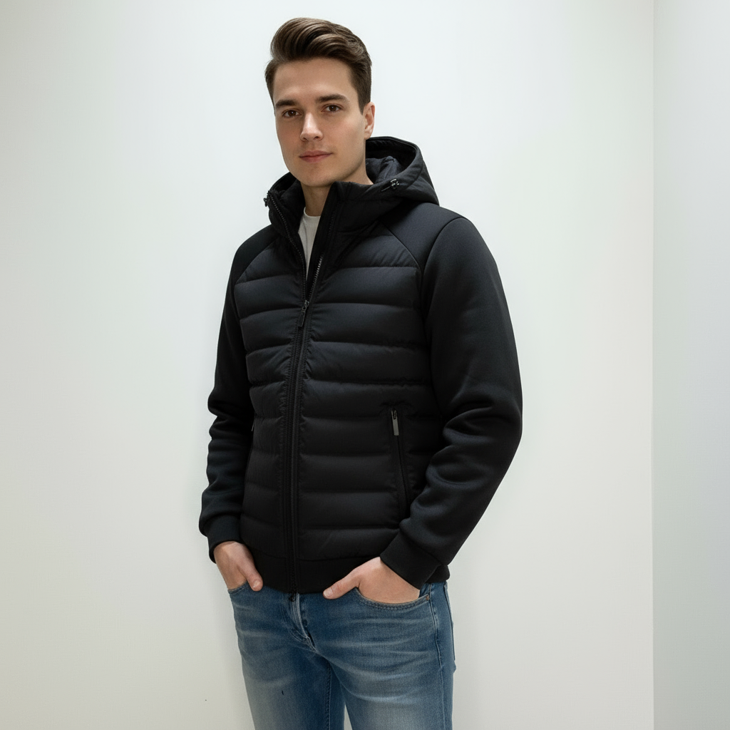 Ung mand iført sort dunjakke med hætte og blå jeans, står mod hvid baggrund. Moderne vintermode, casual herretøj, stilfuld jakke.