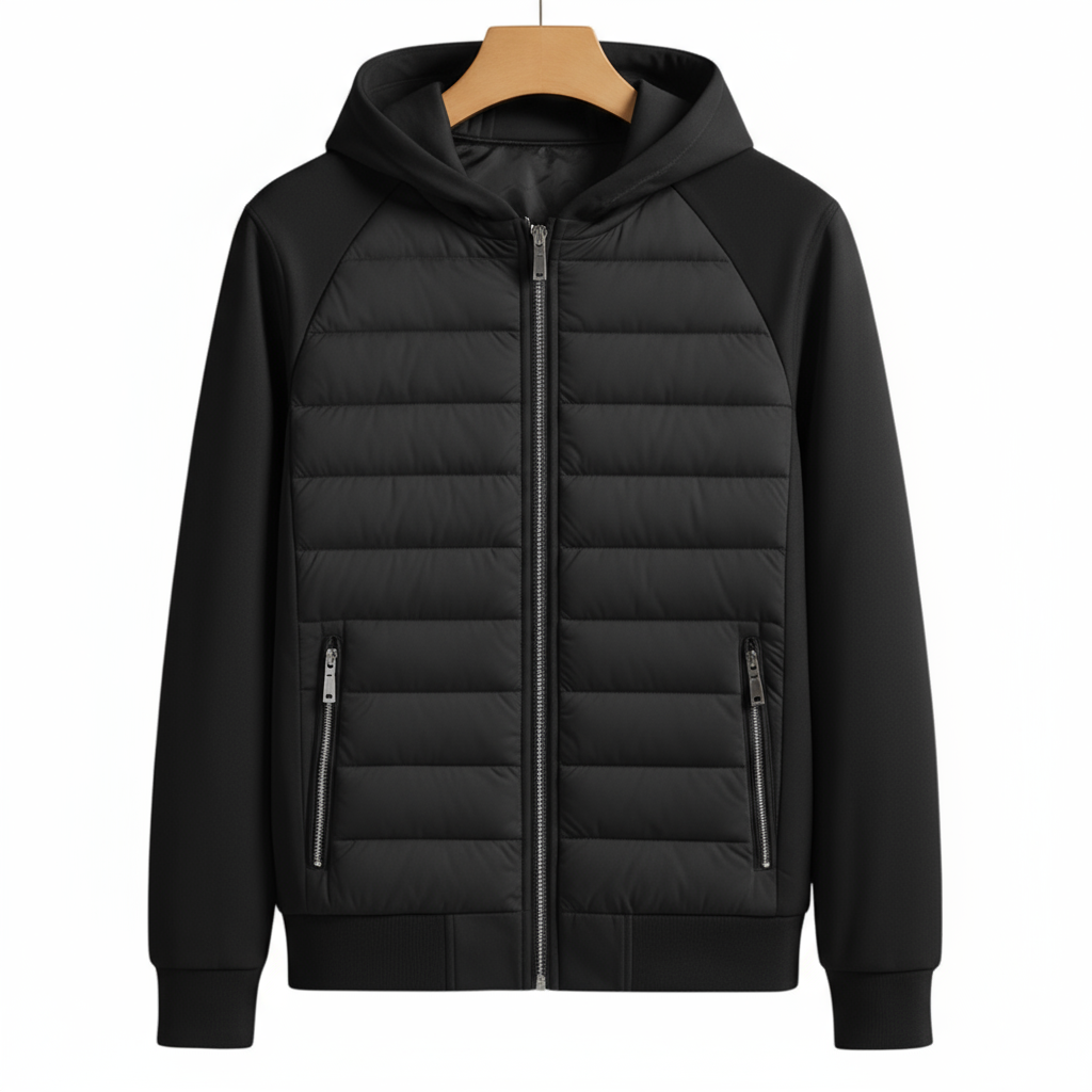 Sort hættetrøje med lynlås, quiltet forside og sidelommer. Moderne design, velegnet til efterår og vinter. Komfortabel og stilfuld beklædning.