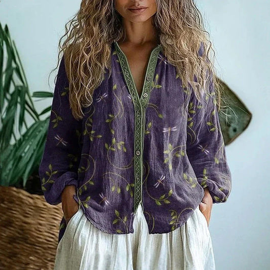 Damen Bluse Relaxed Fit Freizeit Blattmuster Knopfleiste