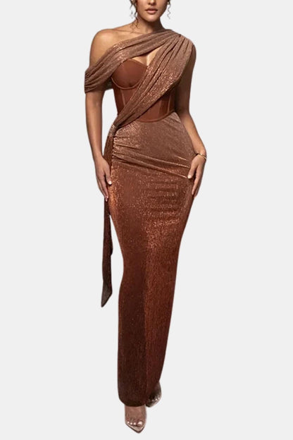 Valentine - Draped Split Design One-Shoulder Long Dress