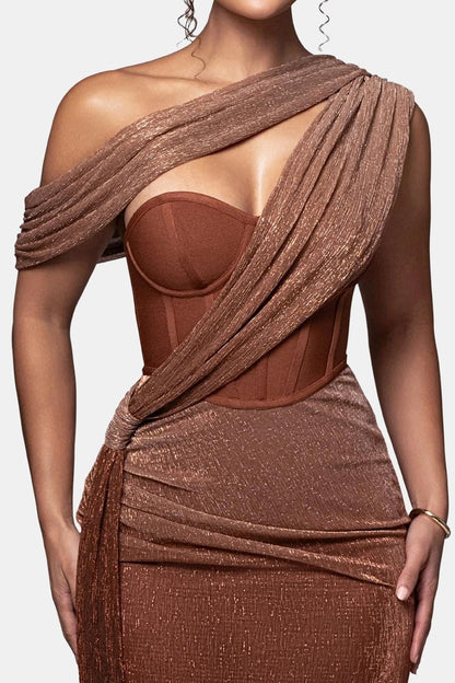 Valentine - Draped Split Design One-Shoulder Long Dress