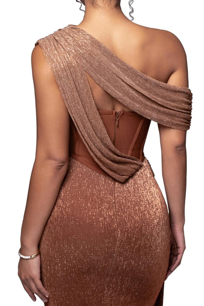 Valentine - Draped Split Design One-Shoulder Long Dress