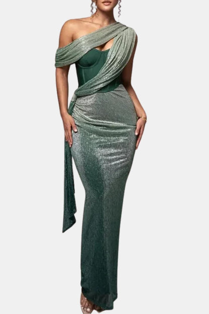 Valentine - Draped Split Design One-Shoulder Long Dress
