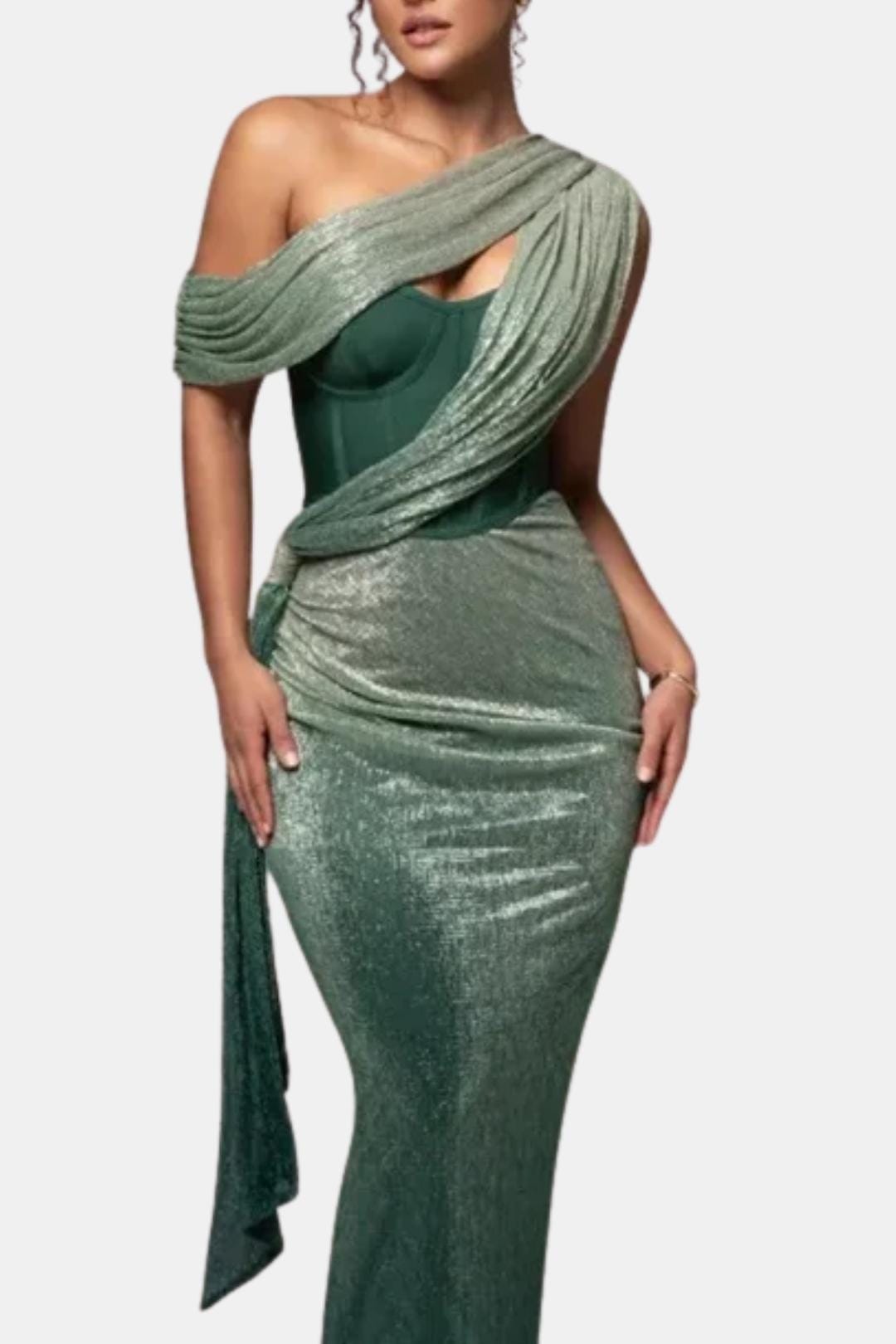 Valentine - Draped Split Design One-Shoulder Long Dress