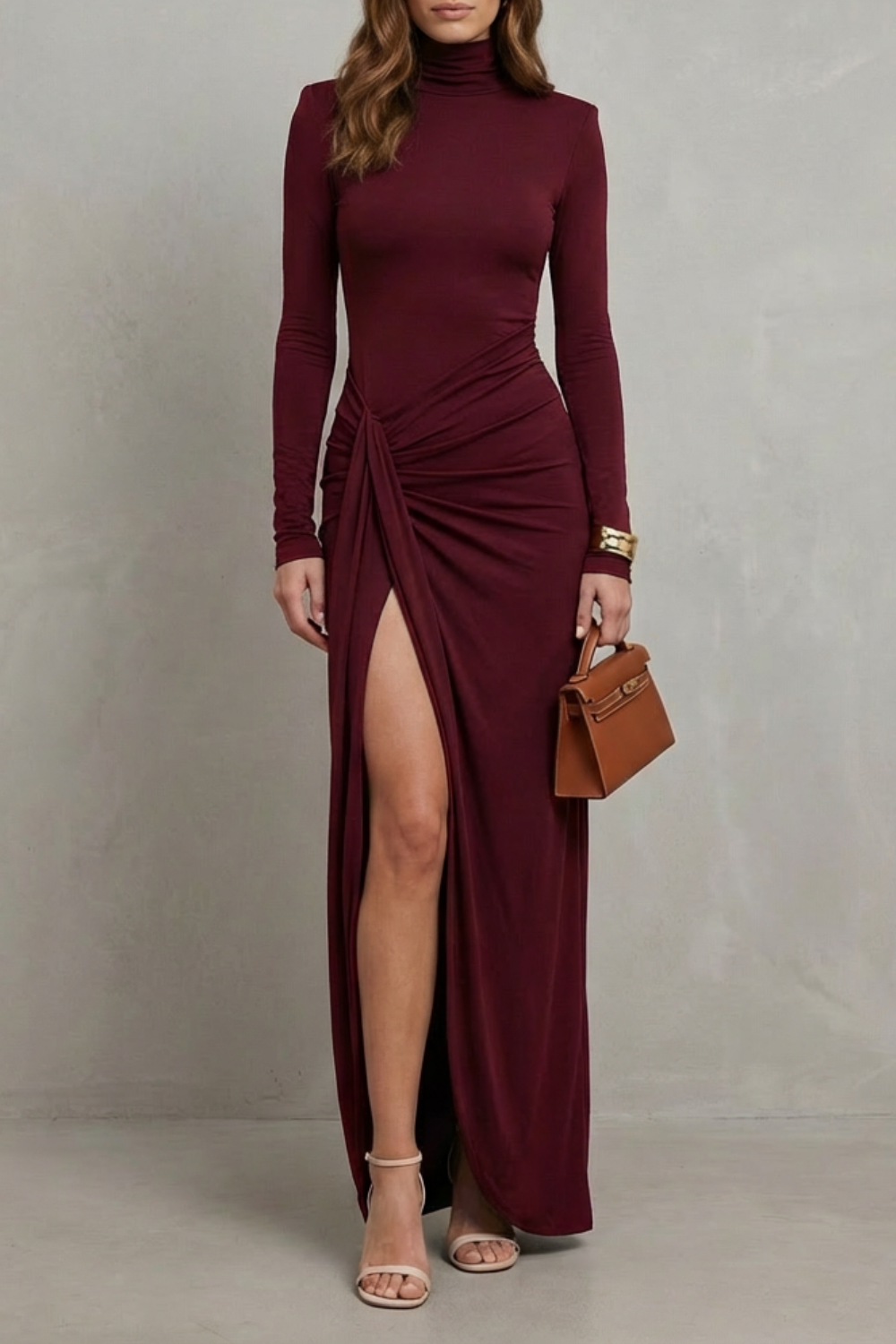 Draped Waist High-Slit Dress – Sophisticated Evening Glamour