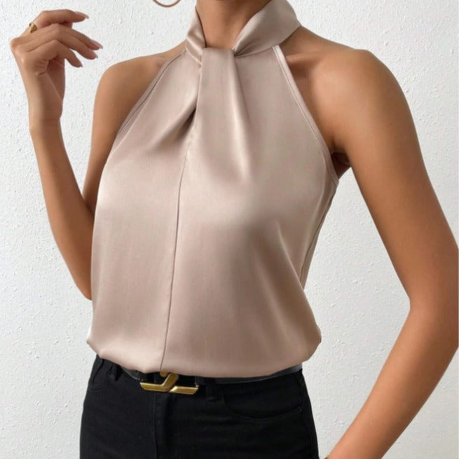 Blouse Femme Satinée à Col Halter – Haut Élégant à Col Noué Style Soie
