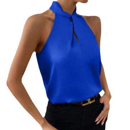 Blouse Femme Satinée à Col Halter – Haut Élégant à Col Noué Style Soie