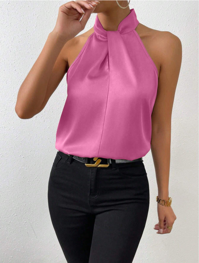 Blouse Femme Satinée à Col Halter – Haut Élégant à Col Noué Style Soie