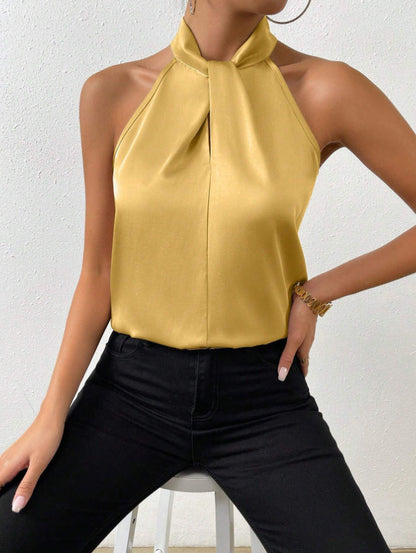 Blouse Femme Satinée à Col Halter – Haut Élégant à Col Noué Style Soie