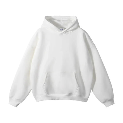 Sweat à capuche blanc unisexe, poche kangourou, manches longues, style décontracté, idéal pour mode streetwear et confort quotidien.