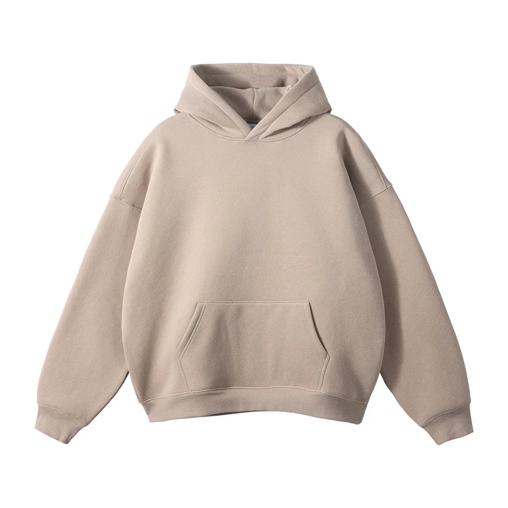 Sweat à capuche beige unisexe, coupe ample, poche kangourou, style décontracté, idéal pour l'automne et l'hiver, mode streetwear tendance.