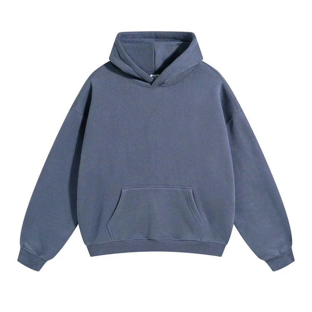 Sweat à capuche bleu uni, manches longues, poche kangourou, style décontracté, mode unisexe, vêtement confortable, tendance automne-hiver.