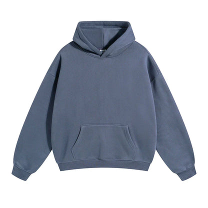 Sweat à capuche bleu uni, manches longues, poche kangourou, style décontracté, mode unisexe, vêtement confortable, tendance automne-hiver.