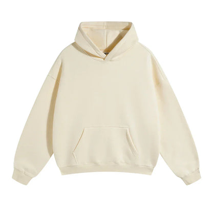 Sweat à capuche beige unisexe, style décontracté, poche kangourou, manches longues, idéal pour mode automne-hiver, vêtement confortable.