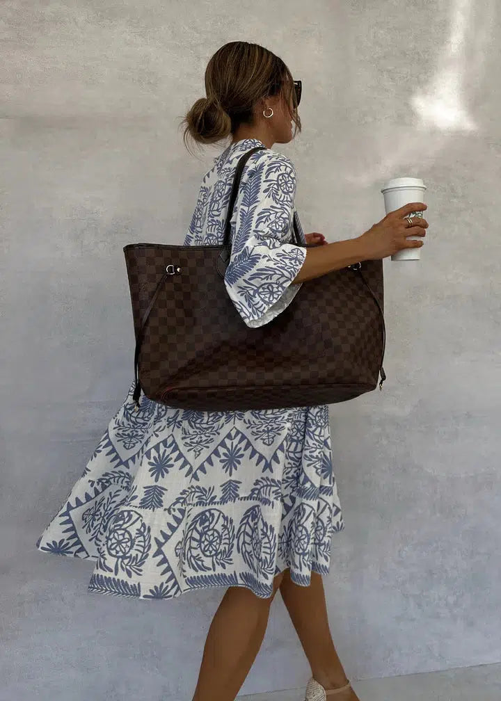 Women's Boho Print V-Neck 3/4 Sleeve Swing Dress