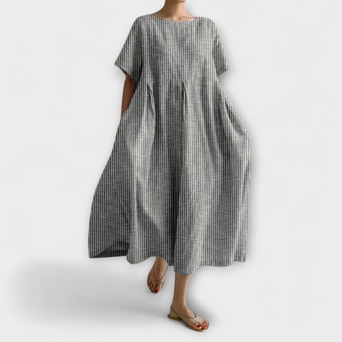 Vestito Midi Donna | Oversize a Quadretti con Pieghe & Tasche Laterali
