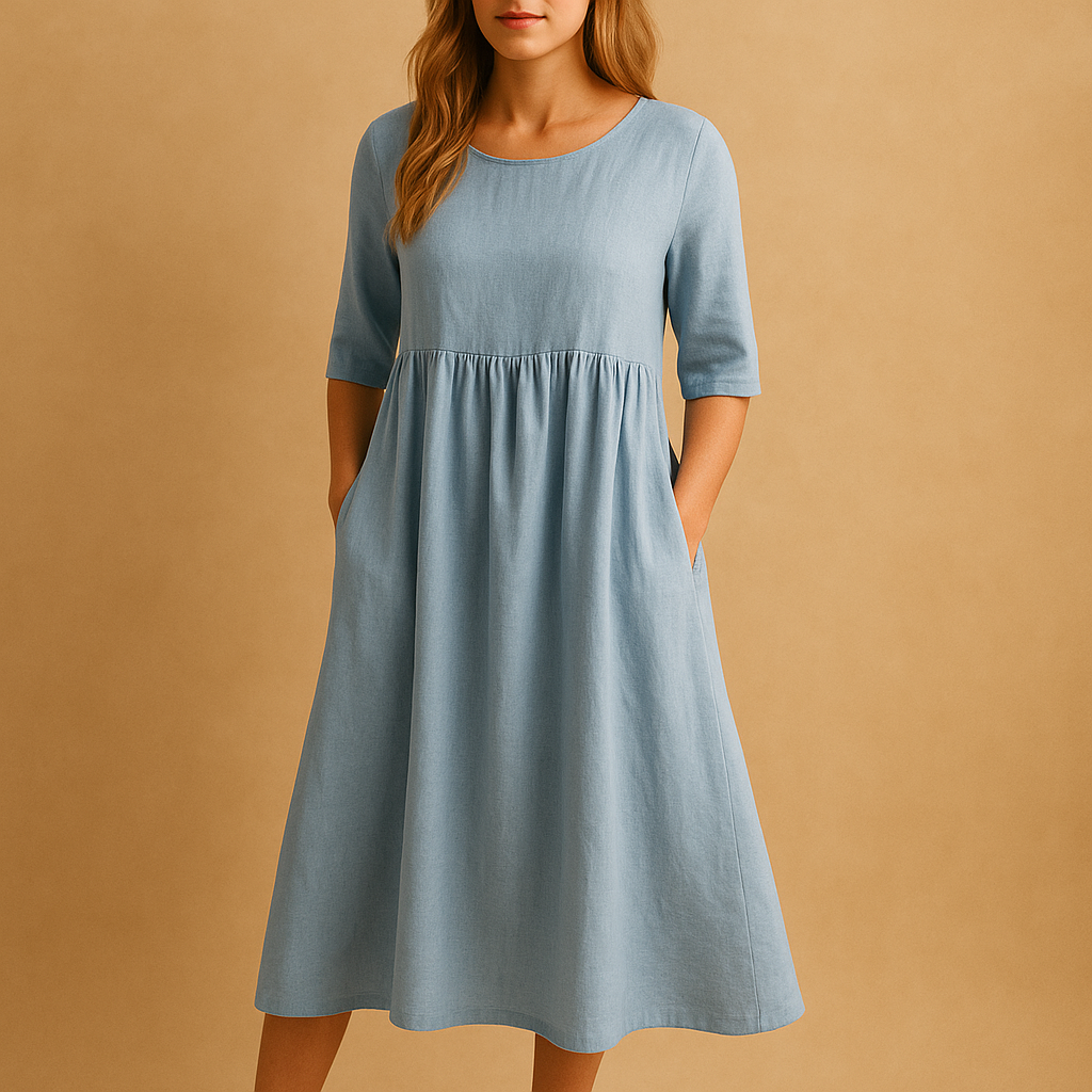 Robe Midi Femme Coupe Ample en Coton avec Poches – Style Décontracté Col Rond
