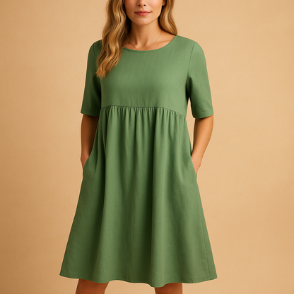 Robe Midi Femme Coupe Ample en Coton avec Poches – Style Décontracté Col Rond