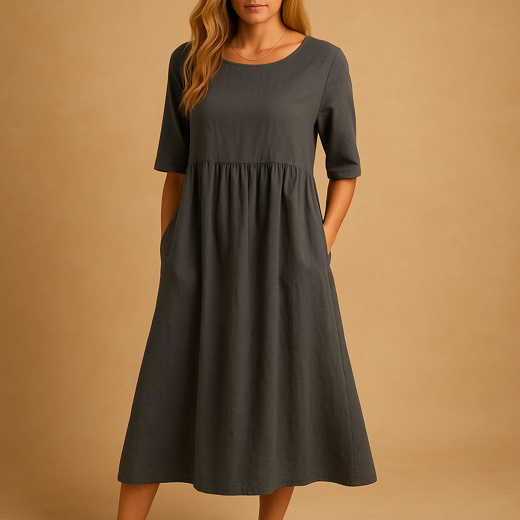 Robe Midi Femme Coupe Ample en Coton avec Poches – Style Décontracté Col Rond