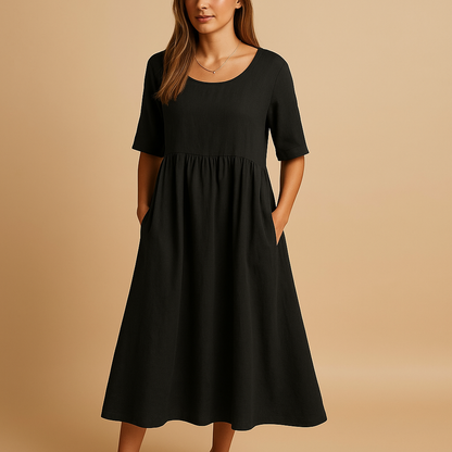 Robe Midi Femme Coupe Ample en Coton avec Poches – Style Décontracté Col Rond