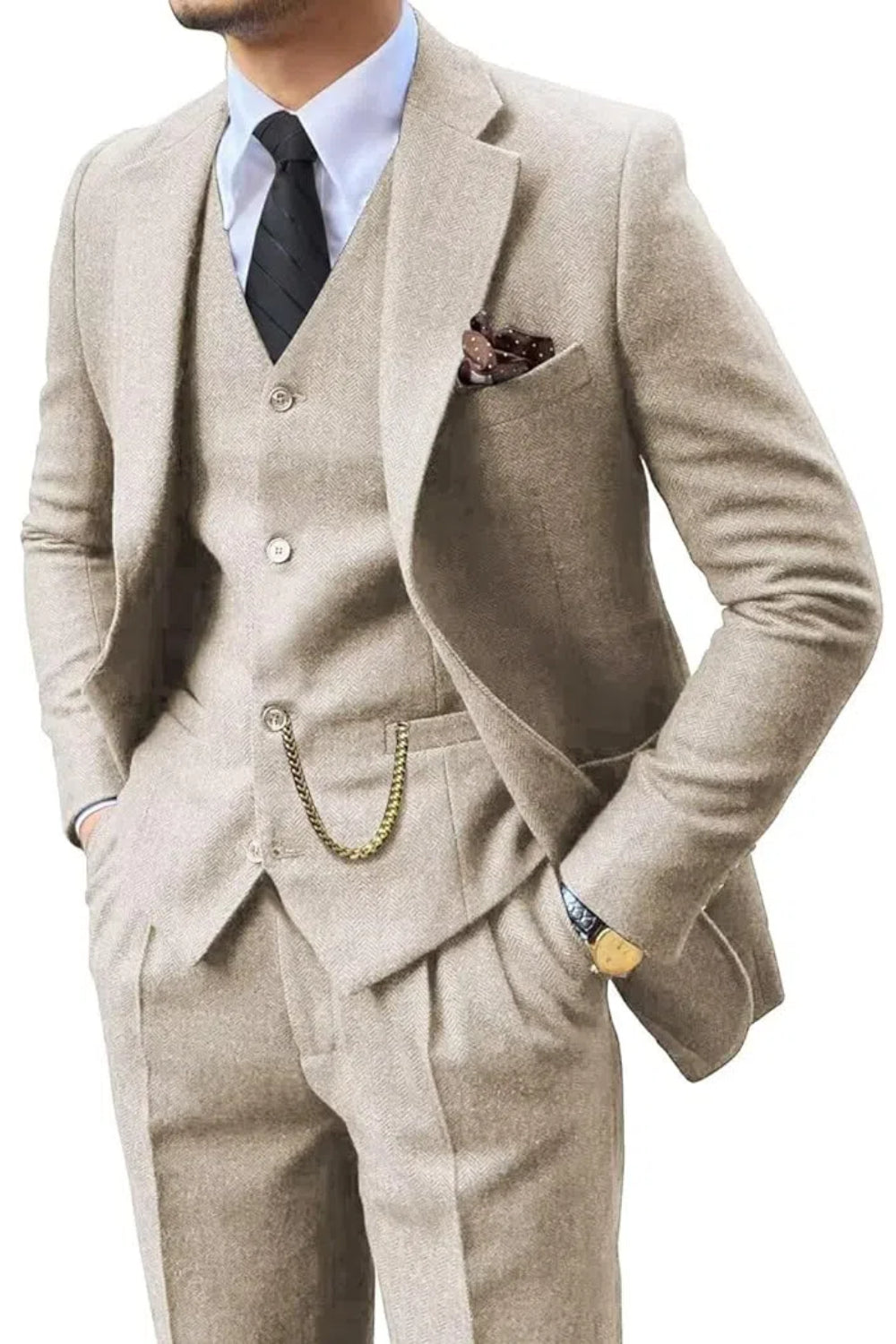 Vintage | Slim-fit tweedpak met visgraatmotief 0