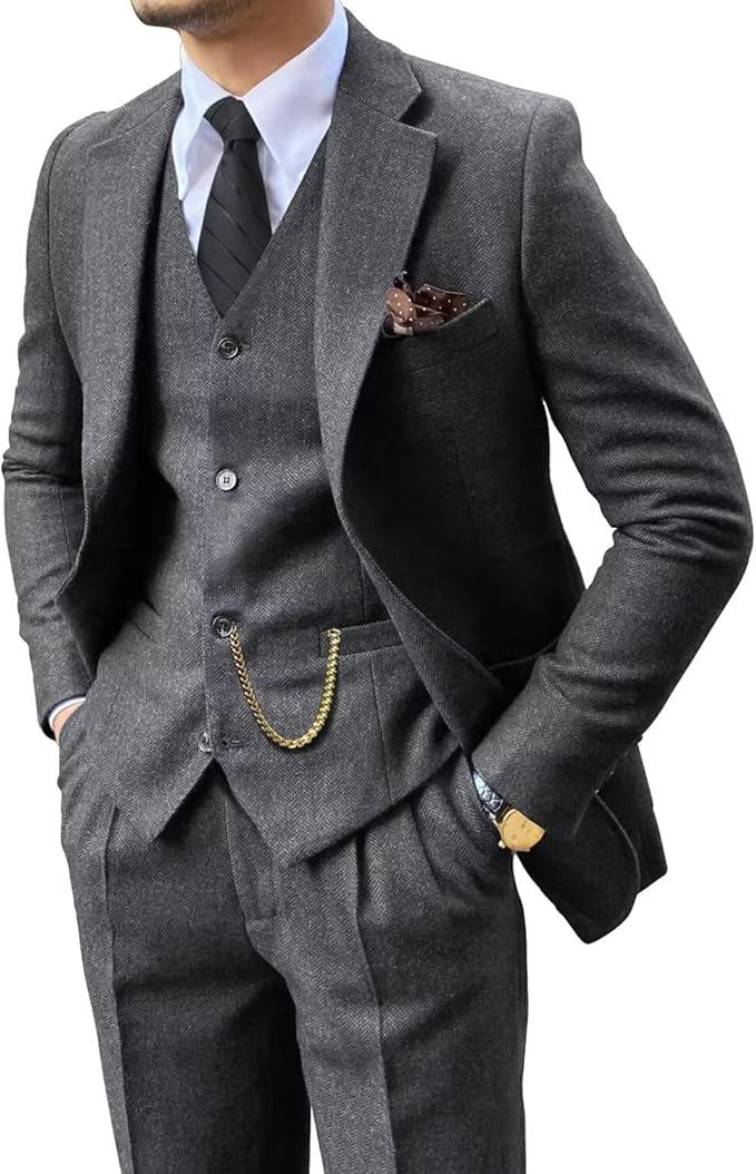 Vintage | Slim-fit tweedpak met visgraatmotief 12