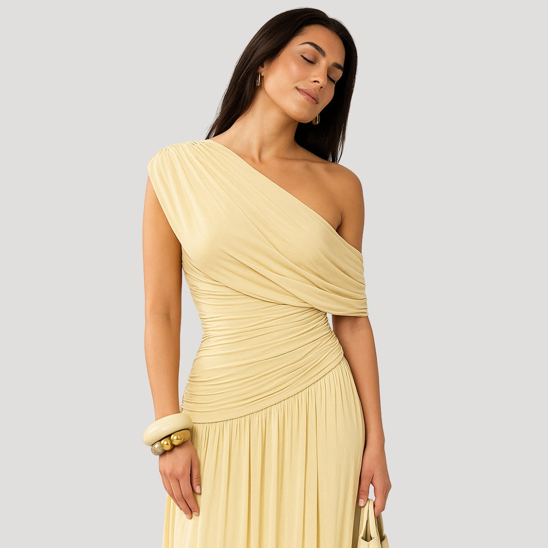 Violet | Women Evening Maxi Dress One Shoulder Ruched Bodice Floor Length