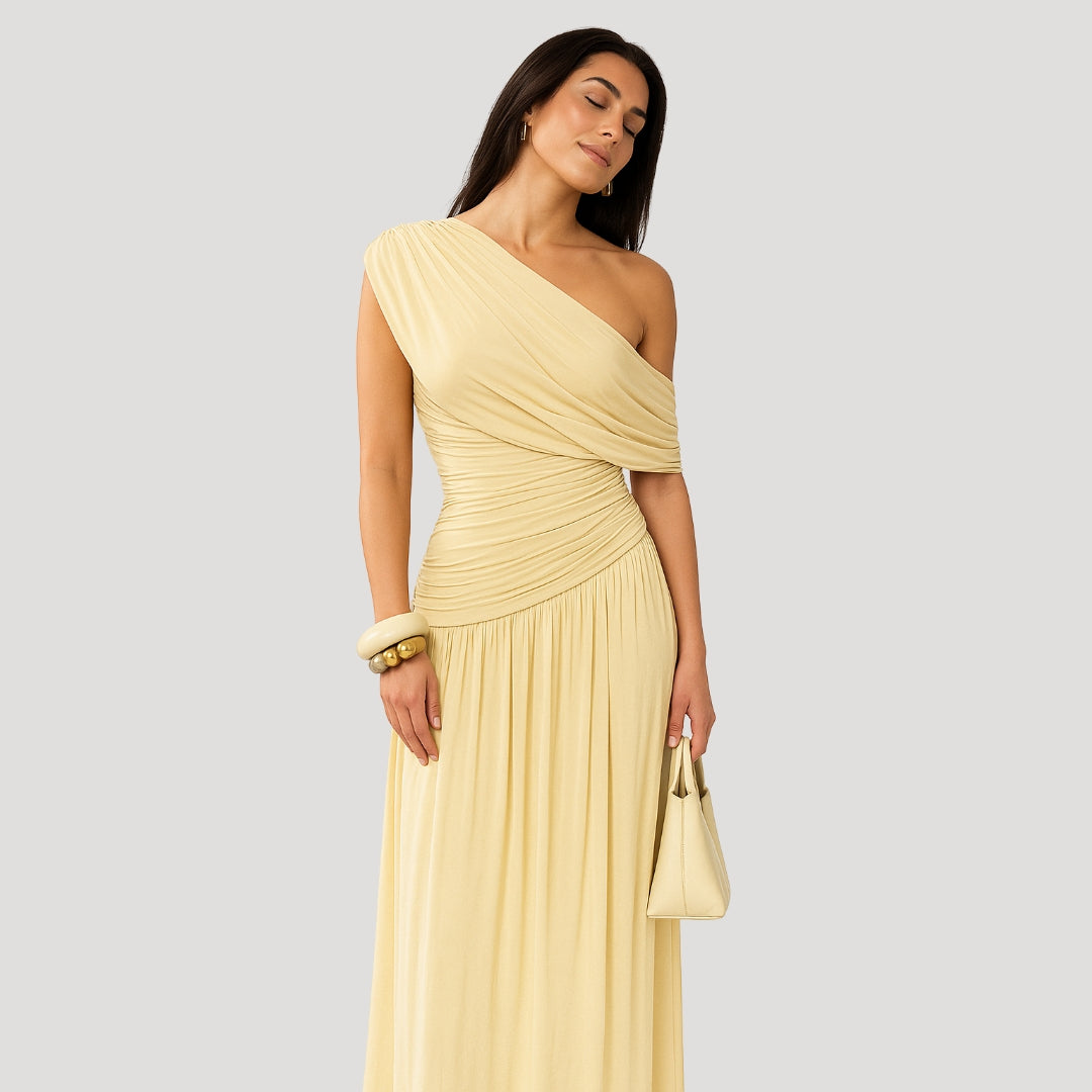 Violet | Women Evening Maxi Dress One Shoulder Ruched Bodice Floor Length