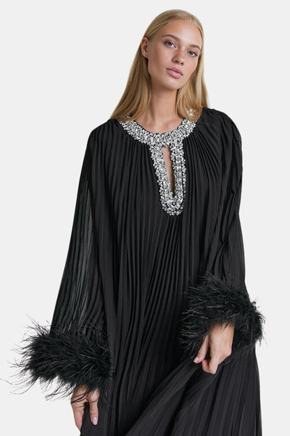Virelia - Diamante Feathered Pleated Maxi Chiffon Cocktail Dress