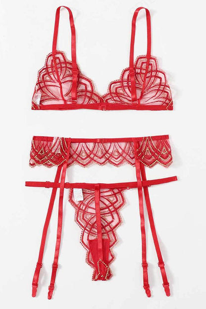 Rood‑gouden mesh/kant bh met jarretels en string – luxe 3‑delige set
