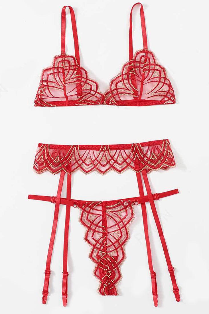 Rood‑gouden mesh/kant bh met jarretels en string – luxe 3‑delige set