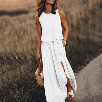 Kariela | Vestido maxi elegante para mujer con abertura lateral | Sin mangas