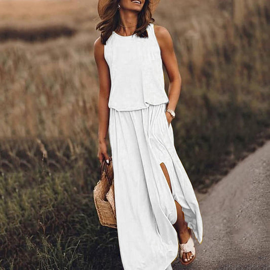 Kariela | Vestido maxi elegante para mujer con abertura lateral | Sin mangas