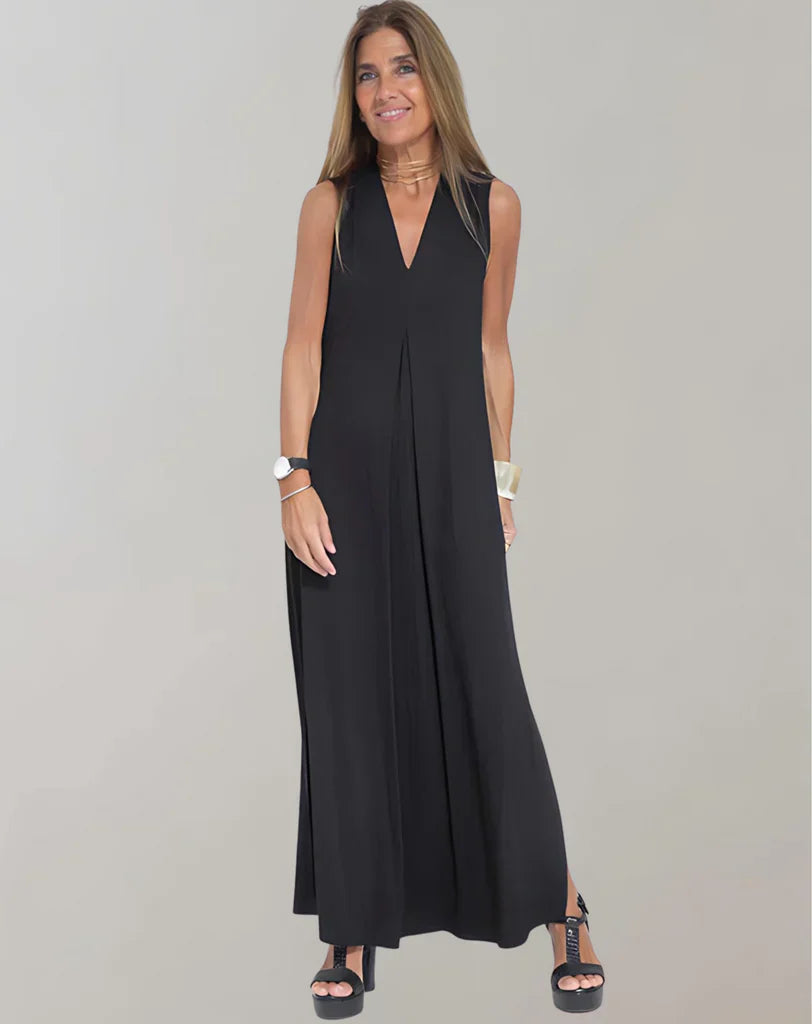 Mia - Robe longue chic sans manches avec col en V et détails plissés