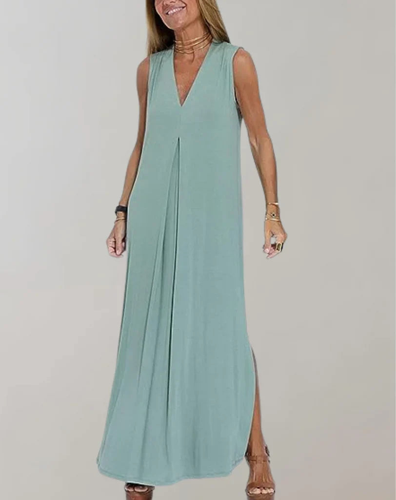 Mia - Robe longue chic sans manches avec col en V et détails plissés