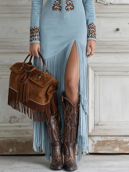 Women Suede Fringe Summer Maxi Dress