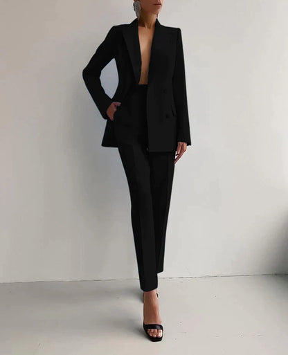 Women's Wool Mix Formal Double Breasted Blazer and Trousers Suit