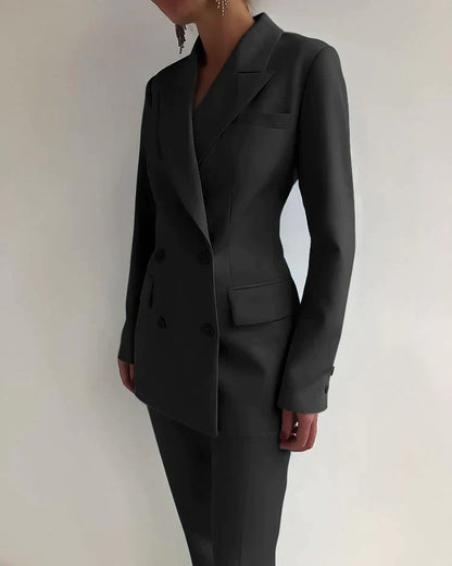 Women's Wool Mix Formal Double Breasted Blazer and Trousers Suit