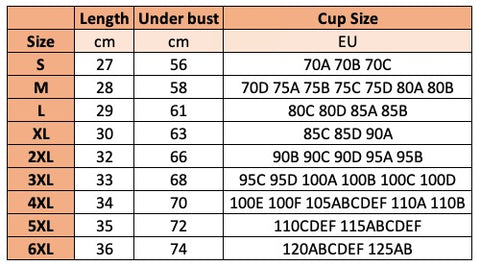 Tableau des tailles de soutien-gorge, incluant les tailles S à 6XL, avec mesures en cm pour longueur et tour de buste, et correspondances de bonnets UE.