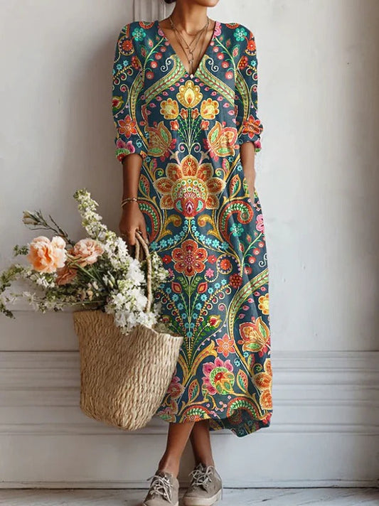 Megan | Linen V-Neck Long Sleeve Dress