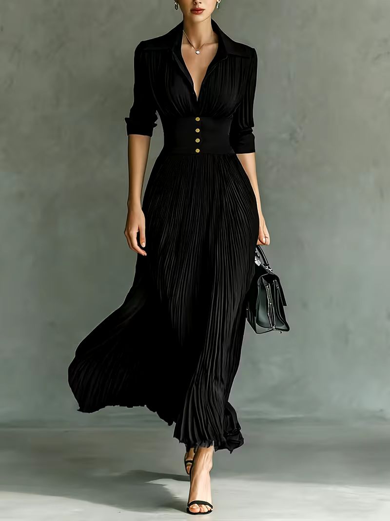 Mariesa | Zeitloses schwarzes Maxikleid mit plissiertem Rock