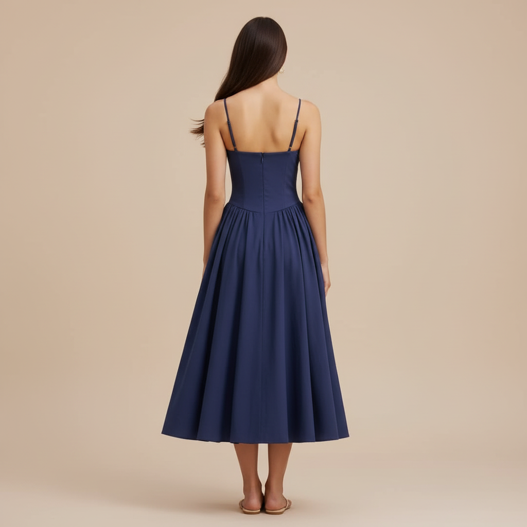 Lucie – Elegantní tmavě modré midi šaty na ramínka
