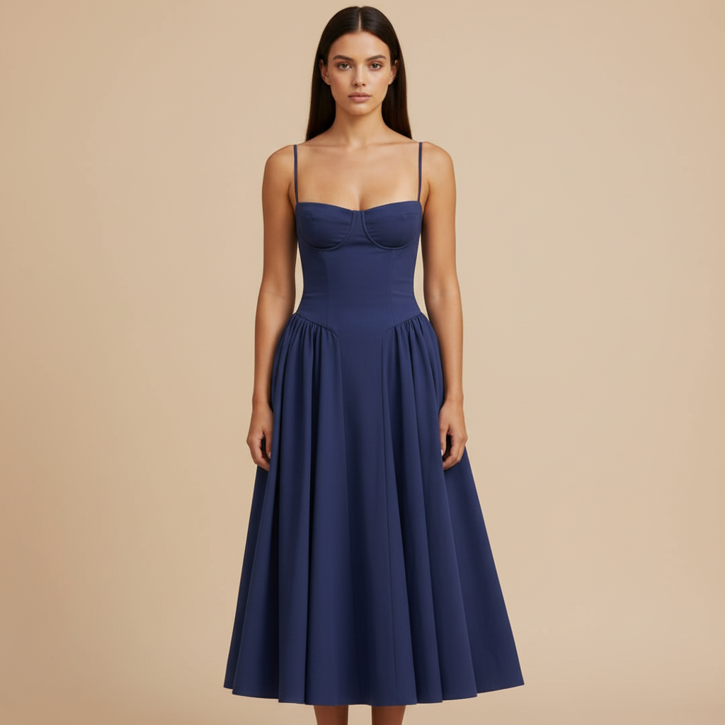 Lucie – Elegantní tmavě modré midi šaty na ramínka