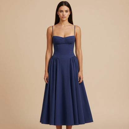 Lucie – Elegantní tmavě modré midi šaty na ramínka
