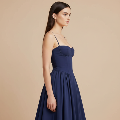 Lucie – Elegantní tmavě modré midi šaty na ramínka